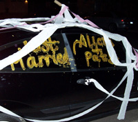 The decorated wedding wagon!